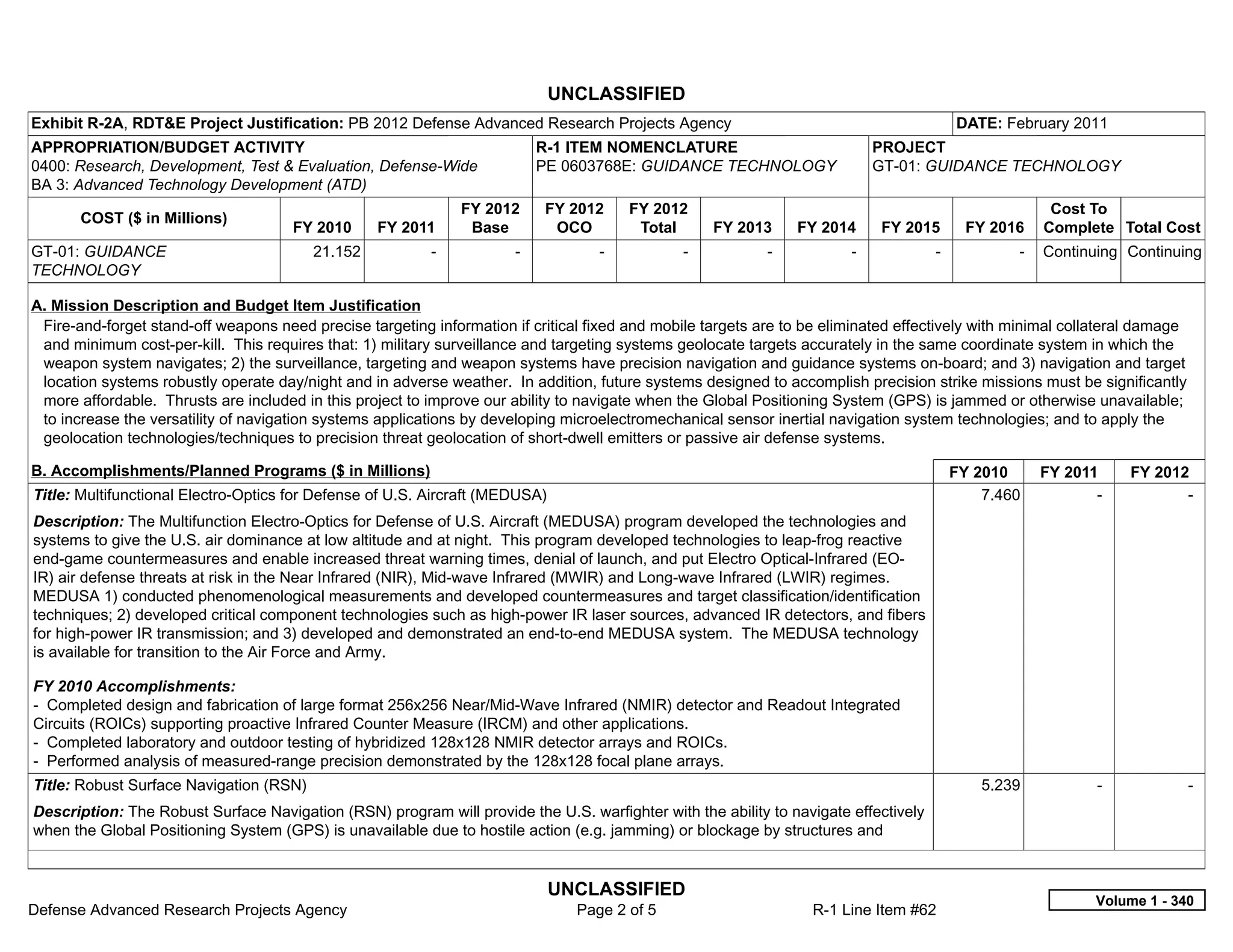 UNCLASSIFIED
Exhibit R-2A, RDT&E Project Justification: PB 2012 Defense Advanced Research Projects Agency                                               DATE: February 2011
APPROPRIATION/BUDGET ACTIVITY                                                R-1 ITEM NOMENCLATURE                            PROJECT
0400: Research, Development, Test & Evaluation, Defense-Wide                 PE 0603768E: GUIDANCE TECHNOLOGY                 GT-01: GUIDANCE TECHNOLOGY
BA 3: Advanced Technology Development (ATD)
                                                                FY 2012      FY 2012      FY 2012                                                      Cost To
       COST ($ in Millions)
                                      FY 2010     FY 2011        Base         OCO          Total      FY 2013     FY 2014     FY 2015       FY 2016   Complete Total Cost
GT-01: GUIDANCE                          21.152           -            -            -           -           -           -            -            -   Continuing Continuing
TECHNOLOGY

A. Mission Description and Budget Item Justification
 Fire-and-forget stand-off weapons need precise targeting information if critical fixed and mobile targets are to be eliminated effectively with minimal collateral damage
 and minimum cost-per-kill. This requires that: 1) military surveillance and targeting systems geolocate targets accurately in the same coordinate system in which the
 weapon system navigates; 2) the surveillance, targeting and weapon systems have precision navigation and guidance systems on-board; and 3) navigation and target
 location systems robustly operate day/night and in adverse weather. In addition, future systems designed to accomplish precision strike missions must be significantly
 more affordable. Thrusts are included in this project to improve our ability to navigate when the Global Positioning System (GPS) is jammed or otherwise unavailable;
 to increase the versatility of navigation systems applications by developing microelectromechanical sensor inertial navigation system technologies; and to apply the
 geolocation technologies/techniques to precision threat geolocation of short-dwell emitters or passive air defense systems.

B. Accomplishments/Planned Programs ($ in Millions)                                                                                     FY 2010       FY 2011       FY 2012
Title: Multifunctional Electro-Optics for Defense of U.S. Aircraft (MEDUSA)                                                                 7.460            -             -  
Description: The Multifunction Electro-Optics for Defense of U.S. Aircraft (MEDUSA) program developed the technologies and
systems to give the U.S. air dominance at low altitude and at night. This program developed technologies to leap-frog reactive
end-game countermeasures and enable increased threat warning times, denial of launch, and put Electro Optical-Infrared (EO-
IR) air defense threats at risk in the Near Infrared (NIR), Mid-wave Infrared (MWIR) and Long-wave Infrared (LWIR) regimes.
MEDUSA 1) conducted phenomenological measurements and developed countermeasures and target classification/identification
techniques; 2) developed critical component technologies such as high-power IR laser sources, advanced IR detectors, and fibers
for high-power IR transmission; and 3) developed and demonstrated an end-to-end MEDUSA system. The MEDUSA technology
is available for transition to the Air Force and Army.

FY 2010 Accomplishments:
- Completed design and fabrication of large format 256x256 Near/Mid-Wave Infrared (NMIR) detector and Readout Integrated
Circuits (ROICs) supporting proactive Infrared Counter Measure (IRCM) and other applications.
- Completed laboratory and outdoor testing of hybridized 128x128 NMIR detector arrays and ROICs.
- Performed analysis of measured-range precision demonstrated by the 128x128 focal plane arrays.
Title: Robust Surface Navigation (RSN)                                                                                                        5.239           -              -  
Description: The Robust Surface Navigation (RSN) program will provide the U.S. warfighter with the ability to navigate effectively
when the Global Positioning System (GPS) is unavailable due to hostile action (e.g. jamming) or blockage by structures and


                                                                              UNCLASSIFIED
                                                                                                                                                             Volume 1 - 340
Defense Advanced Research Projects Agency                                        Page 2 of 5                       R-1 Line Item #62
 