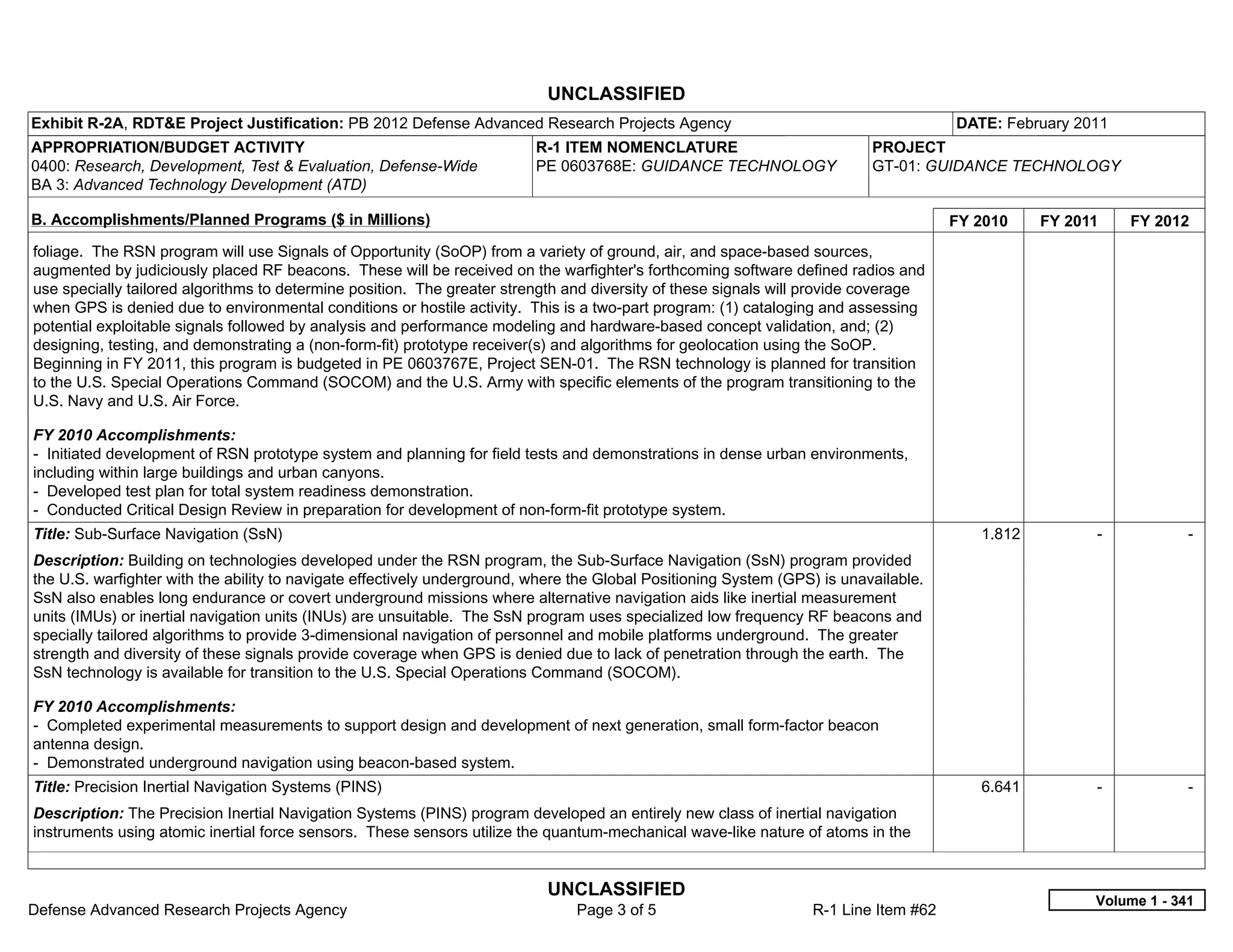 UNCLASSIFIED
Exhibit R-2A, RDT&E Project Justification: PB 2012 Defense Advanced Research Projects Agency                                          DATE: February 2011
APPROPRIATION/BUDGET ACTIVITY                                            R-1 ITEM NOMENCLATURE                             PROJECT
0400: Research, Development, Test & Evaluation, Defense-Wide             PE 0603768E: GUIDANCE TECHNOLOGY                  GT-01: GUIDANCE TECHNOLOGY
BA 3: Advanced Technology Development (ATD)

B. Accomplishments/Planned Programs ($ in Millions)                                                                                   FY 2010    FY 2011     FY 2012
foliage. The RSN program will use Signals of Opportunity (SoOP) from a variety of ground, air, and space-based sources,
augmented by judiciously placed RF beacons. These will be received on the warfighter's forthcoming software defined radios and
use specially tailored algorithms to determine position. The greater strength and diversity of these signals will provide coverage
when GPS is denied due to environmental conditions or hostile activity. This is a two-part program: (1) cataloging and assessing
potential exploitable signals followed by analysis and performance modeling and hardware-based concept validation, and; (2)
designing, testing, and demonstrating a (non-form-fit) prototype receiver(s) and algorithms for geolocation using the SoOP.
Beginning in FY 2011, this program is budgeted in PE 0603767E, Project SEN-01. The RSN technology is planned for transition
to the U.S. Special Operations Command (SOCOM) and the U.S. Army with specific elements of the program transitioning to the
U.S. Navy and U.S. Air Force.

FY 2010 Accomplishments:
- Initiated development of RSN prototype system and planning for field tests and demonstrations in dense urban environments,
including within large buildings and urban canyons.
- Developed test plan for total system readiness demonstration.
- Conducted Critical Design Review in preparation for development of non-form-fit prototype system.
Title: Sub-Surface Navigation (SsN)                                                                                                      1.812         -            -  
Description: Building on technologies developed under the RSN program, the Sub-Surface Navigation (SsN) program provided
the U.S. warfighter with the ability to navigate effectively underground, where the Global Positioning System (GPS) is unavailable.
SsN also enables long endurance or covert underground missions where alternative navigation aids like inertial measurement
units (IMUs) or inertial navigation units (INUs) are unsuitable. The SsN program uses specialized low frequency RF beacons and
specially tailored algorithms to provide 3-dimensional navigation of personnel and mobile platforms underground. The greater
strength and diversity of these signals provide coverage when GPS is denied due to lack of penetration through the earth. The
SsN technology is available for transition to the U.S. Special Operations Command (SOCOM).

FY 2010 Accomplishments:
- Completed experimental measurements to support design and development of next generation, small form-factor beacon
antenna design.
- Demonstrated underground navigation using beacon-based system.
Title: Precision Inertial Navigation Systems (PINS)                                                                                      6.641         -            -  
Description: The Precision Inertial Navigation Systems (PINS) program developed an entirely new class of inertial navigation
instruments using atomic inertial force sensors. These sensors utilize the quantum-mechanical wave-like nature of atoms in the


                                                                           UNCLASSIFIED
                                                                                                                                                       Volume 1 - 341
Defense Advanced Research Projects Agency                                      Page 3 of 5                        R-1 Line Item #62
 