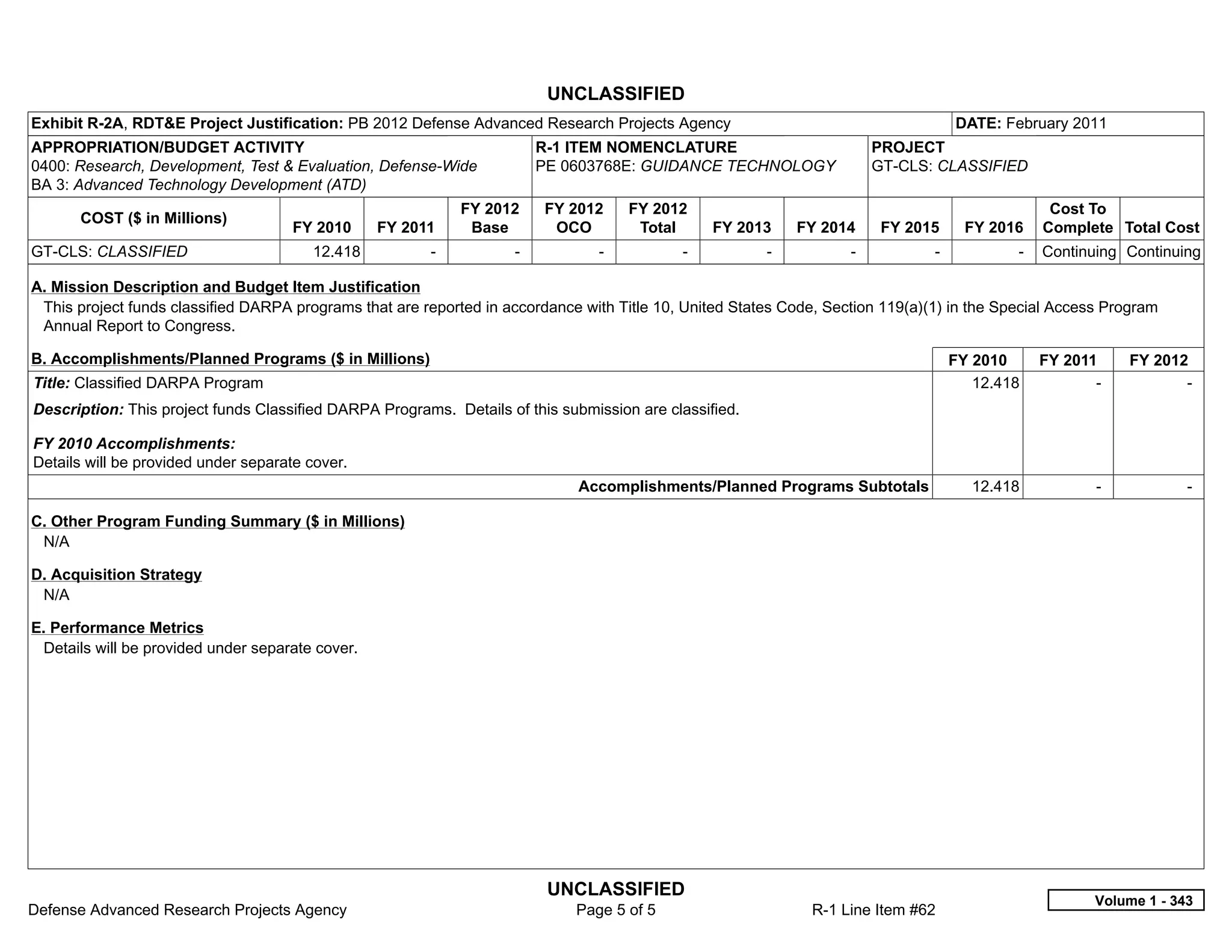 UNCLASSIFIED
Exhibit R-2A, RDT&E Project Justification: PB 2012 Defense Advanced Research Projects Agency                                            DATE: February 2011
APPROPRIATION/BUDGET ACTIVITY                                             R-1 ITEM NOMENCLATURE                            PROJECT
0400: Research, Development, Test & Evaluation, Defense-Wide              PE 0603768E: GUIDANCE TECHNOLOGY                 GT-CLS: CLASSIFIED
BA 3: Advanced Technology Development (ATD)
                                                              FY 2012     FY 2012      FY 2012                                                      Cost To
       COST ($ in Millions)
                                     FY 2010      FY 2011      Base        OCO          Total      FY 2013     FY 2014      FY 2015      FY 2016   Complete Total Cost
GT-CLS: CLASSIFIED                      12.418          -           -            -           -           -           -            -            -   Continuing Continuing

A. Mission Description and Budget Item Justification
 This project funds classified DARPA programs that are reported in accordance with Title 10, United States Code, Section 119(a)(1) in the Special Access Program
 Annual Report to Congress.

B. Accomplishments/Planned Programs ($ in Millions)                                                                                   FY 2010      FY 2011       FY 2012
Title: Classified DARPA Program                                                                                                          12.418           -             -  
Description: This project funds Classified DARPA Programs. Details of this submission are classified.

FY 2010 Accomplishments:
Details will be provided under separate cover.
                                                                              Accomplishments/Planned Programs Subtotals                  12.418           -             -  

C. Other Program Funding Summary ($ in Millions)
 N/A

D. Acquisition Strategy
 N/A

E. Performance Metrics
 Details will be provided under separate cover.




                                                                           UNCLASSIFIED
                                                                                                                                                          Volume 1 - 343
Defense Advanced Research Projects Agency                                     Page 5 of 5                       R-1 Line Item #62
 