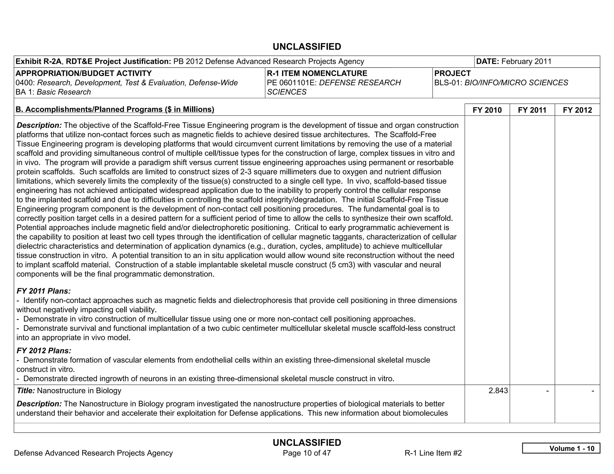 UNCLASSIFIED
Exhibit R-2A, RDT&E Project Justification: PB 2012 Defense Advanced Research Projects Agency                                                DATE: February 2011
APPROPRIATION/BUDGET ACTIVITY                                                R-1 ITEM NOMENCLATURE                               PROJECT
0400: Research, Development, Test & Evaluation, Defense-Wide                 PE 0601101E: DEFENSE RESEARCH                       BLS-01: BIO/INFO/MICRO SCIENCES
BA 1: Basic Research                                                         SCIENCES

B. Accomplishments/Planned Programs ($ in Millions)                                                                                         FY 2010    FY 2011      FY 2012
Description: The objective of the Scaffold-Free Tissue Engineering program is the development of tissue and organ construction
platforms that utilize non-contact forces such as magnetic fields to achieve desired tissue architectures. The Scaffold-Free
Tissue Engineering program is developing platforms that would circumvent current limitations by removing the use of a material
scaffold and providing simultaneous control of multiple cell/tissue types for the construction of large, complex tissues in vitro and
in vivo. The program will provide a paradigm shift versus current tissue engineering approaches using permanent or resorbable
protein scaffolds. Such scaffolds are limited to construct sizes of 2-3 square millimeters due to oxygen and nutrient diffusion
limitations, which severely limits the complexity of the tissue(s) constructed to a single cell type. In vivo, scaffold-based tissue
engineering has not achieved anticipated widespread application due to the inability to properly control the cellular response
to the implanted scaffold and due to difficulties in controlling the scaffold integrity/degradation. The initial Scaffold-Free Tissue
Engineering program component is the development of non-contact cell positioning procedures. The fundamental goal is to
correctly position target cells in a desired pattern for a sufficient period of time to allow the cells to synthesize their own scaffold.
Potential approaches include magnetic field and/or dielectrophoretic positioning. Critical to early programmatic achievement is
the capability to position at least two cell types through the identification of cellular magnetic taggants, characterization of cellular
dielectric characteristics and determination of application dynamics (e.g., duration, cycles, amplitude) to achieve multicellular
tissue construction in vitro. A potential transition to an in situ application would allow wound site reconstruction without the need
to implant scaffold material. Construction of a stable implantable skeletal muscle construct (5 cm3) with vascular and neural
components will be the final programmatic demonstration.

FY 2011 Plans:
- Identify non-contact approaches such as magnetic fields and dielectrophoresis that provide cell positioning in three dimensions
without negatively impacting cell viability.
- Demonstrate in vitro construction of multicellular tissue using one or more non-contact cell positioning approaches.
- Demonstrate survival and functional implantation of a two cubic centimeter multicellular skeletal muscle scaffold-less construct
into an appropriate in vivo model.
FY 2012 Plans:
- Demonstrate formation of vascular elements from endothelial cells within an existing three-dimensional skeletal muscle
construct in vitro.
- Demonstrate directed ingrowth of neurons in an existing three-dimensional skeletal muscle construct in vitro.
Title: Nanostructure in Biology                                                                                                                2.843         -               -  
Description: The Nanostructure in Biology program investigated the nanostructure properties of biological materials to better
understand their behavior and accelerate their exploitation for Defense applications. This new information about biomolecules


                                                                               UNCLASSIFIED
                                                                                                                                                                 Volume 1 - 10
Defense Advanced Research Projects Agency                                         Page 10 of 47                         R-1 Line Item #2
 