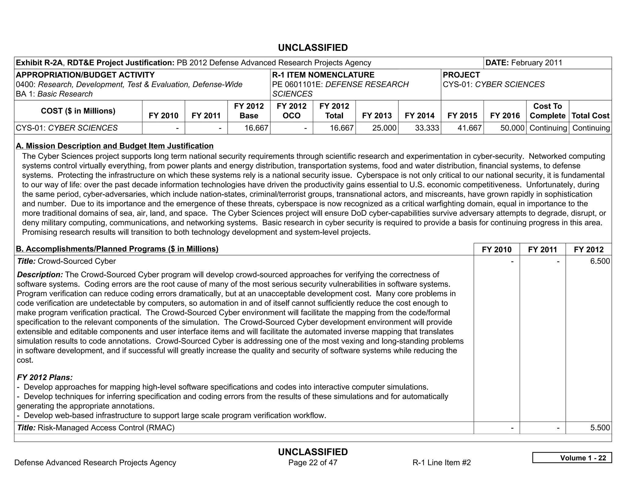 UNCLASSIFIED
Exhibit R-2A, RDT&E Project Justification: PB 2012 Defense Advanced Research Projects Agency                                              DATE: February 2011
APPROPRIATION/BUDGET ACTIVITY                                               R-1 ITEM NOMENCLATURE                             PROJECT
0400: Research, Development, Test & Evaluation, Defense-Wide                PE 0601101E: DEFENSE RESEARCH                     CYS-01: CYBER SCIENCES
BA 1: Basic Research                                                        SCIENCES
                                                                 FY 2012    FY 2012       FY 2012                                                       Cost To
       COST ($ in Millions)
                                      FY 2010        FY 2011      Base       OCO           Total     FY 2013      FY 2014      FY 2015     FY 2016     Complete Total Cost
CYS-01: CYBER SCIENCES                         -           -       16.667           -       16.667      25.000       33.333      41.667       50.000 Continuing Continuing

A. Mission Description and Budget Item Justification
 The Cyber Sciences project supports long term national security requirements through scientific research and experimentation in cyber-security. Networked computing
 systems control virtually everything, from power plants and energy distribution, transportation systems, food and water distribution, financial systems, to defense
 systems. Protecting the infrastructure on which these systems rely is a national security issue. Cyberspace is not only critical to our national security, it is fundamental
 to our way of life: over the past decade information technologies have driven the productivity gains essential to U.S. economic competitiveness. Unfortunately, during
 the same period, cyber-adversaries, which include nation-states, criminal/terrorist groups, transnational actors, and miscreants, have grown rapidly in sophistication
 and number. Due to its importance and the emergence of these threats, cyberspace is now recognized as a critical warfighting domain, equal in importance to the
 more traditional domains of sea, air, land, and space. The Cyber Sciences project will ensure DoD cyber-capabilities survive adversary attempts to degrade, disrupt, or
 deny military computing, communications, and networking systems. Basic research in cyber security is required to provide a basis for continuing progress in this area.
 Promising research results will transition to both technology development and system-level projects.

B. Accomplishments/Planned Programs ($ in Millions)                                                                                      FY 2010       FY 2011       FY 2012
Title: Crowd-Sourced Cyber                                                                                                                      -             -          6.500
Description: The Crowd-Sourced Cyber program will develop crowd-sourced approaches for verifying the correctness of
software systems. Coding errors are the root cause of many of the most serious security vulnerabilities in software systems.
Program verification can reduce coding errors dramatically, but at an unacceptable development cost. Many core problems in
code verification are undetectable by computers, so automation in and of itself cannot sufficiently reduce the cost enough to
make program verification practical. The Crowd-Sourced Cyber environment will facilitate the mapping from the code/formal
specification to the relevant components of the simulation. The Crowd-Sourced Cyber development environment will provide
extensible and editable components and user interface items and will facilitate the automated inverse mapping that translates
simulation results to code annotations. Crowd-Sourced Cyber is addressing one of the most vexing and long-standing problems
in software development, and if successful will greatly increase the quality and security of software systems while reducing the
cost.

FY 2012 Plans:
- Develop approaches for mapping high-level software specifications and codes into interactive computer simulations.
- Develop techniques for inferring specification and coding errors from the results of these simulations and for automatically
generating the appropriate annotations.
- Develop web-based infrastructure to support large scale program verification workflow.
Title: Risk-Managed Access Control (RMAC)                                                                                                        -             -         5.500


                                                                             UNCLASSIFIED
                                                                                                                                                                Volume 1 - 22
Defense Advanced Research Projects Agency                                      Page 22 of 47                        R-1 Line Item #2
 