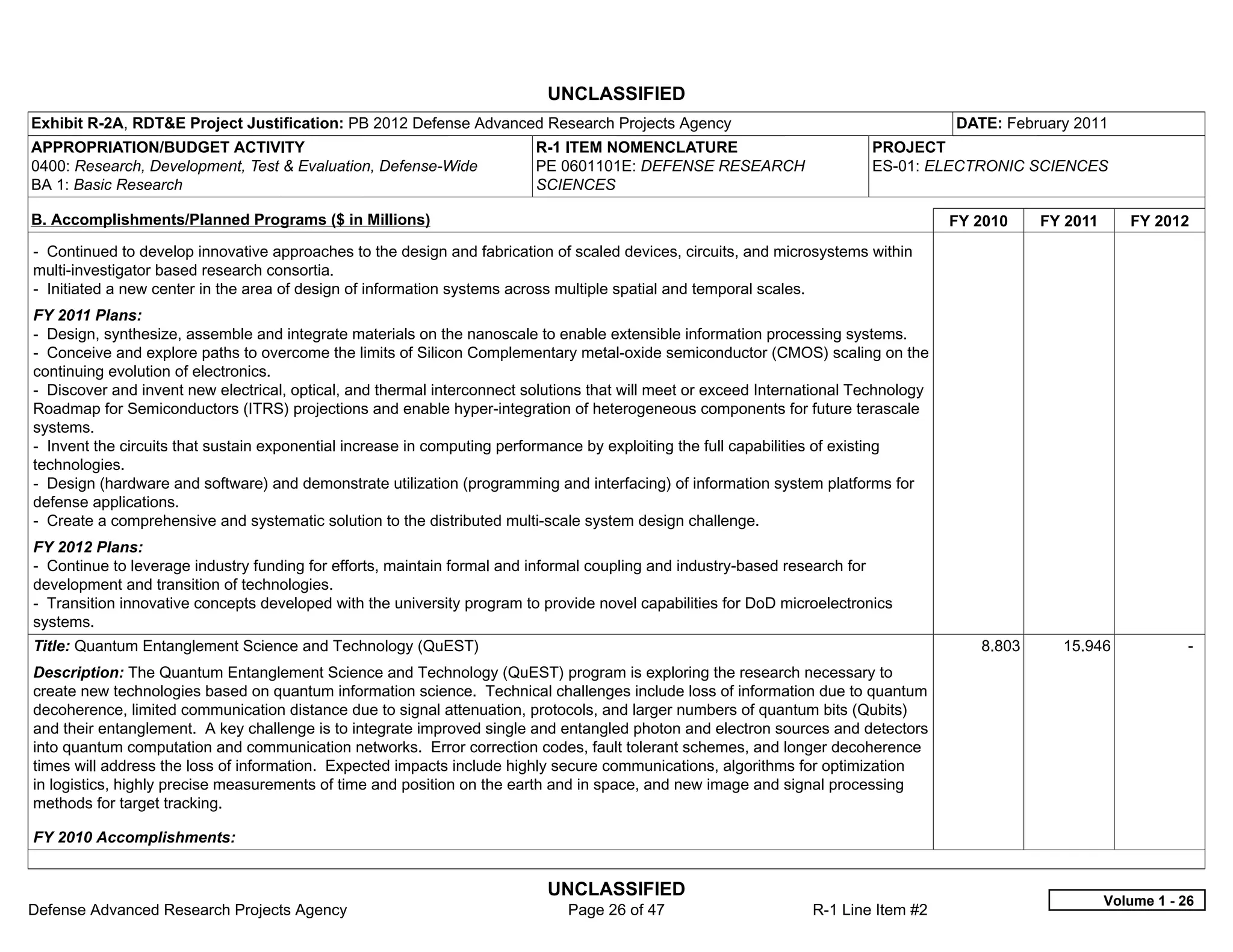 UNCLASSIFIED
Exhibit R-2A, RDT&E Project Justification: PB 2012 Defense Advanced Research Projects Agency                                          DATE: February 2011
APPROPRIATION/BUDGET ACTIVITY                                            R-1 ITEM NOMENCLATURE                            PROJECT
0400: Research, Development, Test & Evaluation, Defense-Wide             PE 0601101E: DEFENSE RESEARCH                    ES-01: ELECTRONIC SCIENCES
BA 1: Basic Research                                                     SCIENCES

B. Accomplishments/Planned Programs ($ in Millions)                                                                                   FY 2010    FY 2011      FY 2012
- Continued to develop innovative approaches to the design and fabrication of scaled devices, circuits, and microsystems within
multi-investigator based research consortia.
- Initiated a new center in the area of design of information systems across multiple spatial and temporal scales.
FY 2011 Plans:
- Design, synthesize, assemble and integrate materials on the nanoscale to enable extensible information processing systems.
- Conceive and explore paths to overcome the limits of Silicon Complementary metal-oxide semiconductor (CMOS) scaling on the
continuing evolution of electronics.
- Discover and invent new electrical, optical, and thermal interconnect solutions that will meet or exceed International Technology
Roadmap for Semiconductors (ITRS) projections and enable hyper-integration of heterogeneous components for future terascale
systems.
- Invent the circuits that sustain exponential increase in computing performance by exploiting the full capabilities of existing
technologies.
- Design (hardware and software) and demonstrate utilization (programming and interfacing) of information system platforms for
defense applications.
- Create a comprehensive and systematic solution to the distributed multi-scale system design challenge.
FY 2012 Plans:
- Continue to leverage industry funding for efforts, maintain formal and informal coupling and industry-based research for
development and transition of technologies.
- Transition innovative concepts developed with the university program to provide novel capabilities for DoD microelectronics
systems.
Title: Quantum Entanglement Science and Technology (QuEST)                                                                               8.803     15.946              -  
Description: The Quantum Entanglement Science and Technology (QuEST) program is exploring the research necessary to
create new technologies based on quantum information science. Technical challenges include loss of information due to quantum
decoherence, limited communication distance due to signal attenuation, protocols, and larger numbers of quantum bits (Qubits)
and their entanglement. A key challenge is to integrate improved single and entangled photon and electron sources and detectors
into quantum computation and communication networks. Error correction codes, fault tolerant schemes, and longer decoherence
times will address the loss of information. Expected impacts include highly secure communications, algorithms for optimization
in logistics, highly precise measurements of time and position on the earth and in space, and new image and signal processing
methods for target tracking.

FY 2010 Accomplishments:


                                                                           UNCLASSIFIED
                                                                                                                                                           Volume 1 - 26
Defense Advanced Research Projects Agency                                     Page 26 of 47                      R-1 Line Item #2
 