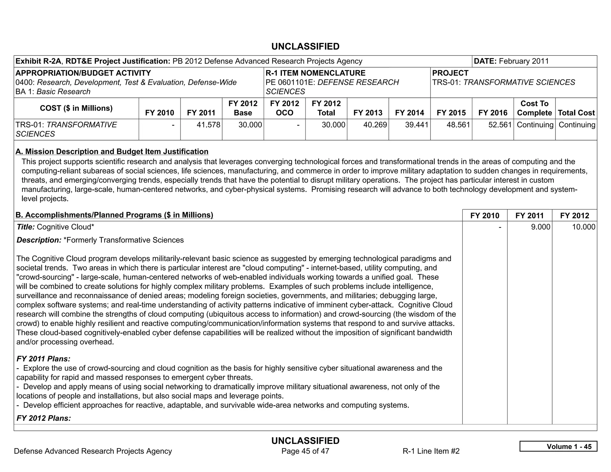 UNCLASSIFIED
Exhibit R-2A, RDT&E Project Justification: PB 2012 Defense Advanced Research Projects Agency                                             DATE: February 2011
APPROPRIATION/BUDGET ACTIVITY                                             R-1 ITEM NOMENCLATURE                            PROJECT
0400: Research, Development, Test & Evaluation, Defense-Wide              PE 0601101E: DEFENSE RESEARCH                    TRS-01: TRANSFORMATIVE SCIENCES
BA 1: Basic Research                                                      SCIENCES
                                                              FY 2012     FY 2012       FY 2012                                                      Cost To
       COST ($ in Millions)
                                     FY 2010       FY 2011     Base        OCO           Total     FY 2013     FY 2014     FY 2015        FY 2016   Complete Total Cost
TRS-01: TRANSFORMATIVE                       -       41.578      30.000           -       30.000     40.269       39.441        48.561      52.561 Continuing Continuing
SCIENCES

A. Mission Description and Budget Item Justification
 This project supports scientific research and analysis that leverages converging technological forces and transformational trends in the areas of computing and the
 computing-reliant subareas of social sciences, life sciences, manufacturing, and commerce in order to improve military adaptation to sudden changes in requirements,
 threats, and emerging/converging trends, especially trends that have the potential to disrupt military operations. The project has particular interest in custom
 manufacturing, large-scale, human-centered networks, and cyber-physical systems. Promising research will advance to both technology development and system-
 level projects.

B. Accomplishments/Planned Programs ($ in Millions)                                                                                  FY 2010        FY 2011     FY 2012
Title: Cognitive Cloud*                                                                                                                     -           9.000      10.000
Description: *Formerly Transformative Sciences

The Cognitive Cloud program develops militarily-relevant basic science as suggested by emerging technological paradigms and
societal trends. Two areas in which there is particular interest are "cloud computing" - internet-based, utility computing, and
"crowd-sourcing" - large-scale, human-centered networks of web-enabled individuals working towards a unified goal. These
will be combined to create solutions for highly complex military problems. Examples of such problems include intelligence,
surveillance and reconnaissance of denied areas; modeling foreign societies, governments, and militaries; debugging large,
complex software systems; and real-time understanding of activity patterns indicative of imminent cyber-attack. Cognitive Cloud
research will combine the strengths of cloud computing (ubiquitous access to information) and crowd-sourcing (the wisdom of the
crowd) to enable highly resilient and reactive computing/communication/information systems that respond to and survive attacks.
These cloud-based cognitively-enabled cyber defense capabilities will be realized without the imposition of significant bandwidth
and/or processing overhead.

FY 2011 Plans:
- Explore the use of crowd-sourcing and cloud cognition as the basis for highly sensitive cyber situational awareness and the
capability for rapid and massed responses to emergent cyber threats.
- Develop and apply means of using social networking to dramatically improve military situational awareness, not only of the
locations of people and installations, but also social maps and leverage points.
- Develop efficient approaches for reactive, adaptable, and survivable wide-area networks and computing systems.
FY 2012 Plans:

                                                                           UNCLASSIFIED
                                                                                                                                                            Volume 1 - 45
Defense Advanced Research Projects Agency                                    Page 45 of 47                       R-1 Line Item #2
 