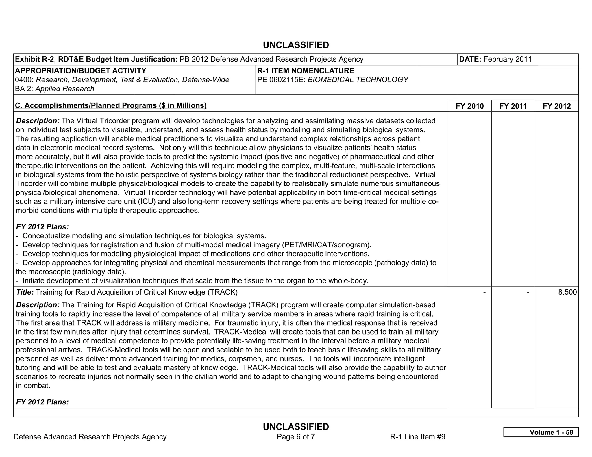 UNCLASSIFIED
Exhibit R-2, RDT&E Budget Item Justification: PB 2012 Defense Advanced Research Projects Agency                                          DATE: February 2011
APPROPRIATION/BUDGET ACTIVITY                                              R-1 ITEM NOMENCLATURE
0400: Research, Development, Test & Evaluation, Defense-Wide               PE 0602115E: BIOMEDICAL TECHNOLOGY
BA 2: Applied Research

C. Accomplishments/Planned Programs ($ in Millions)                                                                                      FY 2010     FY 2011      FY 2012
Description: The Virtual Tricorder program will develop technologies for analyzing and assimilating massive datasets collected
on individual test subjects to visualize, understand, and assess health status by modeling and simulating biological systems.
The resulting application will enable medical practitioners to visualize and understand complex relationships across patient
data in electronic medical record systems. Not only will this technique allow physicians to visualize patients' health status
more accurately, but it will also provide tools to predict the systemic impact (positive and negative) of pharmaceutical and other
therapeutic interventions on the patient. Achieving this will require modeling the complex, multi-feature, multi-scale interactions
in biological systems from the holistic perspective of systems biology rather than the traditional reductionist perspective. Virtual
Tricorder will combine multiple physical/biological models to create the capability to realistically simulate numerous simultaneous
physical/biological phenomena. Virtual Tricorder technology will have potential applicability in both time-critical medical settings
such as a military intensive care unit (ICU) and also long-term recovery settings where patients are being treated for multiple co-
morbid conditions with multiple therapeutic approaches.

FY 2012 Plans:
- Conceptualize modeling and simulation techniques for biological systems.
- Develop techniques for registration and fusion of multi-modal medical imagery (PET/MRI/CAT/sonogram).
- Develop techniques for modeling physiological impact of medications and other therapeutic interventions.
- Develop approaches for integrating physical and chemical measurements that range from the microscopic (pathology data) to
the macroscopic (radiology data).
- Initiate development of visualization techniques that scale from the tissue to the organ to the whole-body.
Title: Training for Rapid Acquisition of Critical Knowledge (TRACK)                                                                            -           -           8.500
Description: The Training for Rapid Acquisition of Critical Knowledge (TRACK) program will create computer simulation-based
training tools to rapidly increase the level of competence of all military service members in areas where rapid training is critical.
The first area that TRACK will address is military medicine. For traumatic injury, it is often the medical response that is received
in the first few minutes after injury that determines survival. TRACK-Medical will create tools that can be used to train all military
personnel to a level of medical competence to provide potentially life-saving treatment in the interval before a military medical
professional arrives. TRACK-Medical tools will be open and scalable to be used both to teach basic lifesaving skills to all military
personnel as well as deliver more advanced training for medics, corpsmen, and nurses. The tools will incorporate intelligent
tutoring and will be able to test and evaluate mastery of knowledge. TRACK-Medical tools will also provide the capability to author
scenarios to recreate injuries not normally seen in the civilian world and to adapt to changing wound patterns being encountered
in combat.

FY 2012 Plans:


                                                                            UNCLASSIFIED
                                                                                                                                                               Volume 1 - 58
Defense Advanced Research Projects Agency                                        Page 6 of 7                        R-1 Line Item #9
 