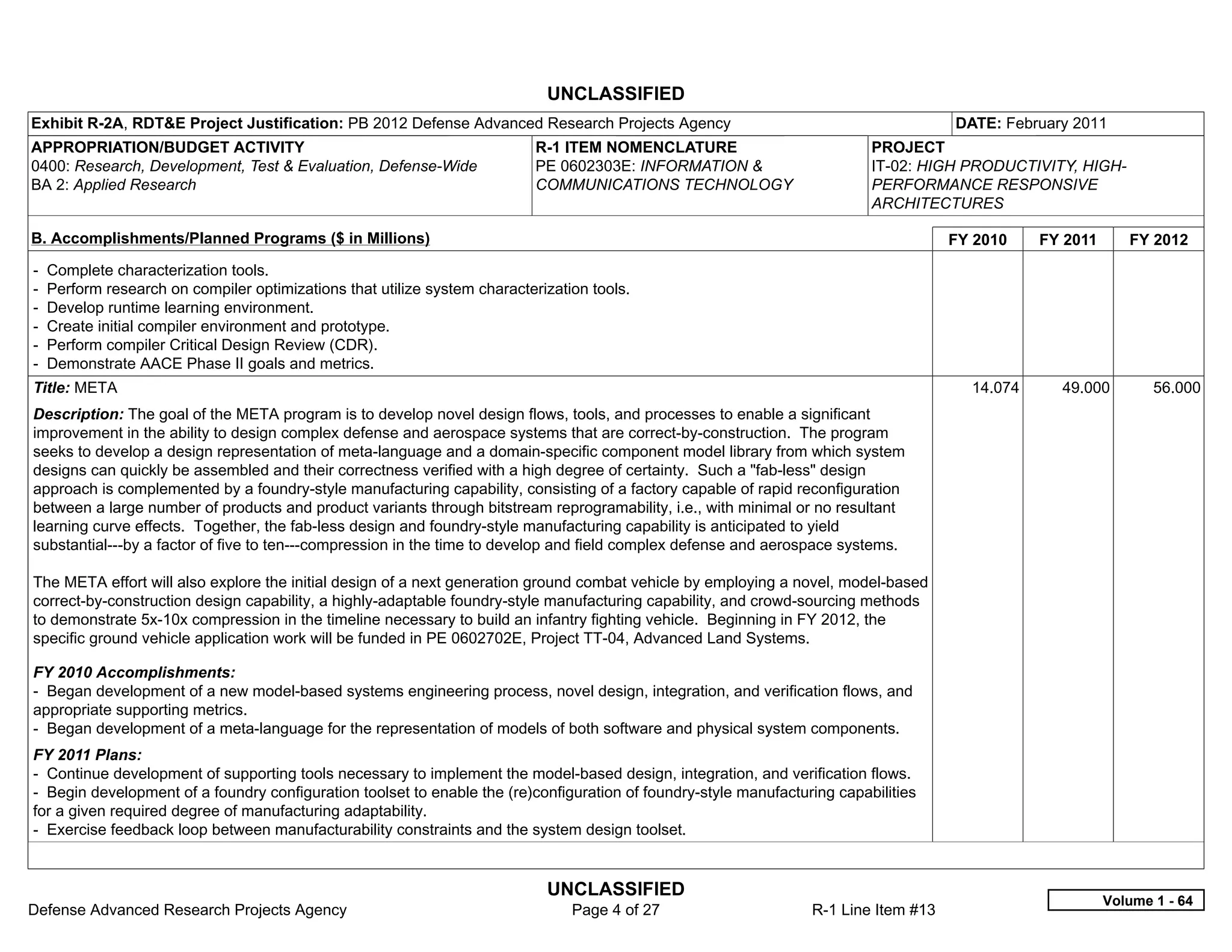 UNCLASSIFIED
Exhibit R-2A, RDT&E Project Justification: PB 2012 Defense Advanced Research Projects Agency                                          DATE: February 2011
APPROPRIATION/BUDGET ACTIVITY                                               R-1 ITEM NOMENCLATURE                          PROJECT
0400: Research, Development, Test & Evaluation, Defense-Wide                PE 0602303E: INFORMATION &                     IT-02: HIGH PRODUCTIVITY, HIGH-
BA 2: Applied Research                                                      COMMUNICATIONS TECHNOLOGY                      PERFORMANCE RESPONSIVE
                                                                                                                           ARCHITECTURES

B. Accomplishments/Planned Programs ($ in Millions)                                                                                   FY 2010    FY 2011      FY 2012
-   Complete characterization tools.
-   Perform research on compiler optimizations that utilize system characterization tools.
-   Develop runtime learning environment.
-   Create initial compiler environment and prototype.
-   Perform compiler Critical Design Review (CDR).
-   Demonstrate AACE Phase II goals and metrics.
Title: META                                                                                                                             14.074     49.000         56.000
Description: The goal of the META program is to develop novel design flows, tools, and processes to enable a significant
improvement in the ability to design complex defense and aerospace systems that are correct-by-construction. The program
seeks to develop a design representation of meta-language and a domain-specific component model library from which system
designs can quickly be assembled and their correctness verified with a high degree of certainty. Such a "fab-less" design
approach is complemented by a foundry-style manufacturing capability, consisting of a factory capable of rapid reconfiguration
between a large number of products and product variants through bitstream reprogramability, i.e., with minimal or no resultant
learning curve effects. Together, the fab-less design and foundry-style manufacturing capability is anticipated to yield
substantial---by a factor of five to ten---compression in the time to develop and field complex defense and aerospace systems.

The META effort will also explore the initial design of a next generation ground combat vehicle by employing a novel, model-based
correct-by-construction design capability, a highly-adaptable foundry-style manufacturing capability, and crowd-sourcing methods
to demonstrate 5x-10x compression in the timeline necessary to build an infantry fighting vehicle. Beginning in FY 2012, the
specific ground vehicle application work will be funded in PE 0602702E, Project TT-04, Advanced Land Systems.

FY 2010 Accomplishments:
- Began development of a new model-based systems engineering process, novel design, integration, and verification flows, and
appropriate supporting metrics.
- Began development of a meta-language for the representation of models of both software and physical system components.
FY 2011 Plans:
- Continue development of supporting tools necessary to implement the model-based design, integration, and verification flows.
- Begin development of a foundry configuration toolset to enable the (re)configuration of foundry-style manufacturing capabilities
for a given required degree of manufacturing adaptability.
- Exercise feedback loop between manufacturability constraints and the system design toolset.


                                                                             UNCLASSIFIED
                                                                                                                                                           Volume 1 - 64
Defense Advanced Research Projects Agency                                        Page 4 of 27                     R-1 Line Item #13
 