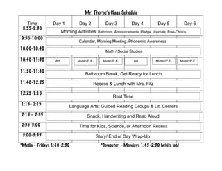 Mr. Thorpe’s Class Schedule

   Time          Day 1            Day 2           Day 3          Day 4           Day 5          Day 6
 8:55-9:30
                        Morning Activities: Bathroom, Announcements, Pledge, Journals, Free-Choice
9:30-10:00
                                  Calendar, Morning Meeting, Phonemic Awareness
10:00-10:40
                                                  Math / Social Studies

10:40-11:30       Art            Music/P.E.      Music/P.E.        Art          Music/P.E.    Music/P.E
                                                                                                  .

11:30-11:40
                                      Bathroom Break, Get Ready for Lunch
11:40-12:25                                Recess & Lunch with Mrs. Fitz

12:25-1:10
                                                       Rest Time
1:15- 2:15                  Language Arts: Guided Reading Groups & Lit. Centers
2:15 – 2:35                            Snack, Handwriting and Read Aloud
2:35-3:00                         Time for Kids, Science, or Afternoon Recess
 3:00-3:35                                    Story/ End of Day Wrap-Up
*Media – Fridays 1:40-2:30                      *Computer - Mondays 1:45-2:30 (white lab)
 