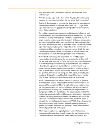 Ben: “You can do one car then the other and see which one stops
     farther away.”
     Ann: “We can put tape on the floor where they stop. Or we can use a
     measure. My mom used one when she put up the shelf in my room.”
     Teacher A: “Putting tape or string on the floor would let you place the
     two beside each other to compare them (Math SSK.1). I’ll get you a
     tape measure while you go get some string. Let me know which one
     works the best and why.”
     The children wanted to compare which object went the farthest, and
     Teacher A knows that falls under the math outcome of SSK.1, Use direct
     comparison to compare two objects based on a single attribute, such as
     length including height, mass, volume, capacity (indicator - compare the
     length or height of two objects and explain how they compare using
     the words shorter, longer, taller, or almost the same). She decides to add
     tape measures, rulers, tape, and a stopwatch to the environment to
     enable the children to explore this outcome in more detail. She also
     considers inviting the children to each bring to school one toy that
     moves so they can look at the designs of the toys, if interested.
     As Teacher A walks away, she realizes that she could have also
     connected the discussion about the red car going the farthest with
     the arts education outcome of CHK.1, Investigate arts expressions found
     in own homes and school community in relation to own lives (indicator
     - describe arts expressions found in homes and community [e.g.,
     music, heritage dances, puppet theatre, design of functional objects
     such as goalie masks, teapots, and running shoes]) and also posed
     the question, “How many fast things are red?” A discussion about the
     functional design of toys could include colour. She makes a mental
     note to draw the children’s attention to this in the near future.
     As the children’s use of the terms force and friction start to become
     more common, Teacher A decides to expand the environment to the
     outdoors. She wants the children to explore force and friction using
     the swings to see who can swing the highest, and who can get the
     greatest number of swings back and forth from one push (without
     pumping legs). She also plans to take the scooters out as well so the
     children can explore the effects of force and friction as they push each
     other on the swings and use the scooters on a variety of surfaces. By
     taking the children to an outdoor environment, Teacher A is able to
     integrate the physical education outcome of PEK.5, Vary, with guidance,
     the movement of the body through changes in space (personal space,
     general space, levels, directions, and pathways), effort (time and speed),
     relationships (body parts and shapes).
     When Teacher A plans, she typically knows where the learning
     experience will start and continually evolves the plan to address the
     children’s questions and provide scaffolds for those students who



14                                                     Kindergarten Curriculum
 