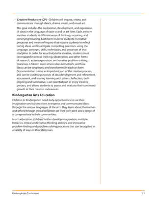 • Creative/Productive (CP) - Children will inquire, create, and
    communicate through dance, drama, music, and visual art.
   This goal includes the exploration, development, and expression
   of ideas in the language of each strand or art form. Each art form
   involves students in different ways of thinking, inquiring, and
   conveying meaning. Each form involves students in creative
   processes and means of inquiry that require students to reflect
   on big ideas, and investigate compelling questions using the
   language, concepts, skills, techniques, and processes of that
   discipline. In order for an activity to be creative, students must
   be engaged in critical thinking, observation, and other forms
   of research, active exploration, and creative problem-solving
   processes. Children learn where ideas come from, and how
   ideas can be developed and transformed in each art form.
   Documentation is also an important part of the creative process,
   and can be used for purposes of idea development and refinement,
   assessment, and sharing learning with others. Reflection, both
   ongoing and summative, is an essential part of every creative
   process, and allows students to assess and evaluate their continued
   growth in their creative endeavours.

Kindergarten Arts Education
Children in Kindergarten need daily opportunities to use their
imagination and observations to express and communicate ideas
through the unique languages of the arts. They learn about themselves
and others through critical reflection on their own work and a range of
arts expressions in their communities.
In arts education, children further develop imagination, multiple
literacies, critical and creative thinking abilities, and innovative
problem-finding and problem-solving processes that can be applied in
a variety of ways in their daily lives.




Kindergarten Curriculum                                                   23
 