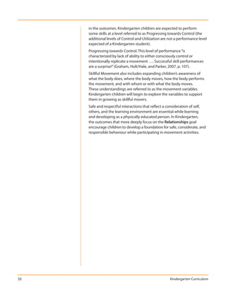 in the outcomes. Kindergarten children are expected to perform
     some skills at a level referred to as Progressing towards Control (the
     additional levels of Control and Utilization are not a performance level
     expected of a Kindergarten student).
     Progressing towards Control: This level of performance “is
     characterized by lack of ability to either consciously control or
     intentionally replicate a movement …. Successful skill performances
     are a surprise!” (Graham, Holt/Hale, and Parker, 2007, p. 107).
     Skillful Movement also includes expanding children’s awareness of
     what the body does, where the body moves, how the body performs
     the movement, and with whom or with what the body moves.
     These understandings are referred to as the movement variables.
     Kindergarten children will begin to explore the variables to support
     them in growing as skillful movers.
     Safe and respectful interactions that reflect a consideration of self,
     others, and the learning environment are essential while learning
     and developing as a physically educated person. In Kindergarten,
     the outcomes that more deeply focus on the Relationships goal
     encourage children to develop a foundation for safe, considerate, and
     responsible behaviour while participating in movement activities.




50                                                    Kindergarten Curriculum
 