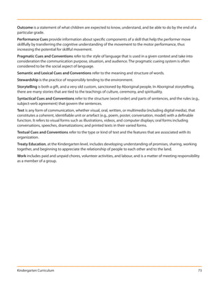 Outcome is a statement of what children are expected to know, understand, and be able to do by the end of a
particular grade.
Performance Cues provide information about specific components of a skill that help the performer move
skillfully by transferring the cognitive understanding of the movement to the motor performance, thus
increasing the potential for skillful movement.
Pragmatic Cues and Conventions refer to the style of language that is used in a given context and take into
consideration the communication purpose, situation, and audience. The pragmatic cueing system is often
considered to be the social aspect of language.
Semantic and Lexical Cues and Conventions refer to the meaning and structure of words.
Stewardship is the practice of responsibly tending to the environment.
Storytelling is both a gift, and a very old custom, sanctioned by Aboriginal people. In Aboriginal storytelling,
there are many stories that are tied to the teachings of culture, ceremony, and spirituality.
Syntactical Cues and Conventions refer to the structure (word order) and parts of sentences, and the rules (e.g.,
subject-verb agreement) that govern the sentences.
Text is any form of communication, whether visual, oral, written, or multimedia (including digital media), that
constitutes a coherent, identifiable unit or artefact (e.g., poem, poster, conversation, model) with a definable
function. It refers to visual forms such as illustrations, videos, and computer displays; oral forms including
conversations, speeches, dramatizations; and printed texts in their varied forms.
Textual Cues and Conventions refer to the type or kind of text and the features that are associated with its
organization.
Treaty Education, at the Kindergarten level, includes developing understanding of promises, sharing, working
together, and beginning to appreciate the relationship of people to each other and to the land.
Work includes paid and unpaid chores, volunteer activities, and labour, and is a matter of meeting responsibility
as a member of a group.




Kindergarten Curriculum                                                                                            73
 