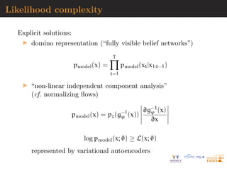 Autoregressive flows
Component-wise transform (i = 1, . . . , d)
z0
i = τ(zi; hi)
| {z }
transformer
where hi = ci(z1:(i−1))
| {z }
conditioner
= ci(z1:(i−1); ϕi)
Jacobian
log |detJϕ(z)| = log
 