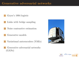 Practical considerations
“Implementing a flow often amounts to composing as
many transformations as computation and memory will
allow. Working with such deep flows introduces addi-
tional challenges of a practical nature.”
I the more the merrier?!
I batch normalisation for maintaining stable gradients
(between layers)
I fighting curse of dimension (“evaluating T incurs an
increasing computational cost as dimensionality grows”)
with multiscale architecture (clamping: component-wise
stopping rules)
[Papamakarios et al., 2019]
 