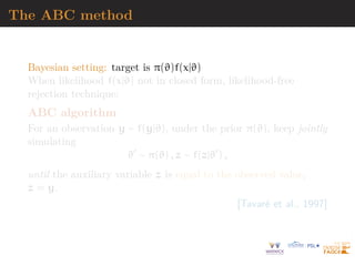 Generative models
“Deep generative model than can learn via the principle
of maximum likelihood differ with respect to how they
represent or approximate the likelihood.” I. Goodfellow
Likelihood function
L(ϑ|x1, . . . , xn) ∝
n
Y
i=1
pmodel(xi|ϑ)
leading to MLE estimate
^
ϑ(x1, . . . , xn) = arg max
ϑ
n
X
i=1
log pmodel(xi|ϑ)
with
^
ϑ(x1, . . . , xn) = arg max
ϑ
DKL
(pdata||pmodel(·|ϑ))
 