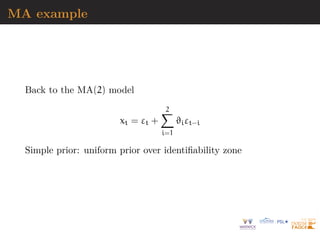 Likelihood complexity
Explicit solutions:
I domino representation (“fully visible belief networks”)
pmodel(x) =
T
Y
t=1
pmodel(xt|Pa(xt))
I “non-linear independent component analysis”
(cf. normalizing flows)
pmodel(x) = pz(g−1
ϕ (x))
 