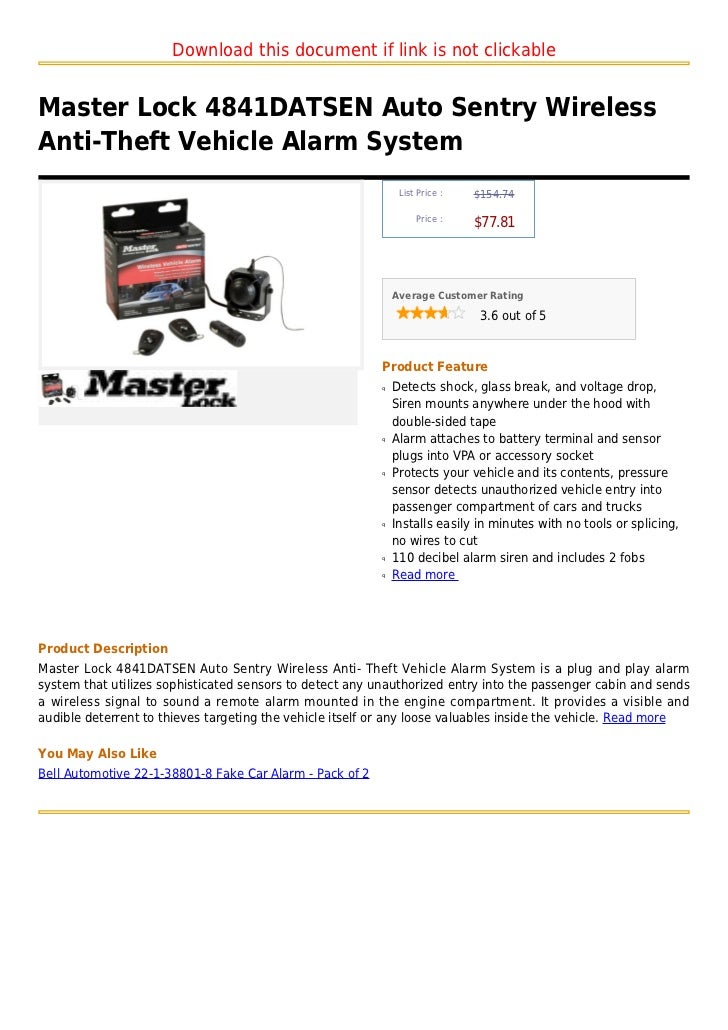 Master Lock 4841 Datsen Auto Sentry Wireless Anti Theft Vehicle Alarm