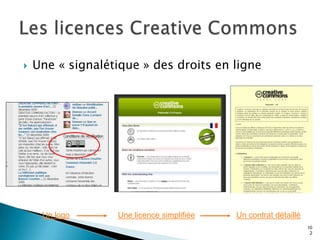    Une « signalétique » des droits en ligne




     Un logo      Une licence simplifiée   Un contrat détaillé
                                                                 10
                                                                  2
 