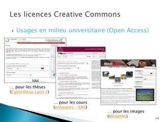   Usages en milieu universitaire (Open Access)




… pour les thèses
(Cyberthèse Lyon 2)

                      … pour les cours
                      (enSavoirs Ŕ ENS)
                                          … pour les images
                                          (MédiHAL)           114
 