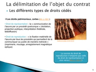    Les différents types de droits cédés

Les droits patrimoniaux, certes (Art. L.122.1)

• Droit de représentation : la « communication de
l’œuvre par un procédé quelconque » (récitation,
projection publique, interprétation théâtrale,
télédiffusion)

• Droit de reproduction : « la fixation matérielle de
l’œuvre par tous les procédés qui permettent de la
                                                         Another pint please. CC-BY-NC-SA
communiquer au public de manière indirecte »
(imprimerie, moulage, enregistrement magnétique
optique)


                                                              La cession du droit de
                                                        reproduction n’emporte pas celle
                                                          du droit de représentation et
                                                            vice-versa (Art. L. 122-7)




                                                                                            15
 