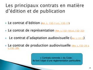    Le contrat d’édition    (Art. L. 132-1 à L. 132-17)


   Le contrat de représentation           (Art. L.132-18 à L.132-22)


   Le contrat d’adaptation audiovisuelle (Art. L.131.3)

   Le contrat de production audiovisuelle                   (Art. L.132-23 à
    L.132-30).



                             « Contrats nommés » du Code :
                    ils font l’objet d’une règlementation particulière.


                                                                                28
 