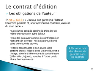    Les obligations de l’auteur
 Art L. 132-8 : « L’auteur doit garantir à l’éditeur
l’exercice paisible et, sauf convention contraire, exclusif
du droit cédé »
     • L’auteur ne doit pas céder ses droits sur un
     même ouvrage à un autre éditeur ;
     • Il ne doit pas avoir commis de contrefaçon en
     réalisant son ouvrage, ni se plagier lui-même
     dans une nouvelle œuvre ;
     • Il reste responsable si son œuvre viole             Rôle important
     certains droits : respect de la vie privée, droit à   des clauses de
     l’image, atteinte à l’honneur et la considération     garantie dans
     (diffamation, injures), troubles à l’ordre public      les contrats
     et aux bonnes mœurs.


                                                                            34
 