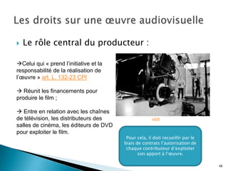    Le rôle central du producteur :

Celui qui « prend l’initiative et la
responsabilité de la réalisation de
l’œuvre » art. L. 132-23 CPI

 Réunit les financements pour
produire le film ;

 Entre en relation avec les chaînes
de télévision, les distributeurs des                  xof38

salles de cinéma, les éditeurs de DVD
pour exploiter le film.
                                         Pour cela, il doit recueillir par le
                                        biais de contrats l’autorisation de
                                         chaque contributeur d’exploiter
                                               son apport à l’œuvre.

                                                                                48
 