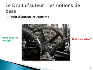    Droit d’auteur et contrats…




Huile dans les
                                       Grains de sable ?
rouages ?




                     Otagi. CC-BY-NC




                                                      6
 