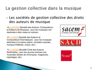    Les sociétés de gestion collective des droits
    des auteurs de musique
La SACEM (Société des Auteurs, Compositeurs
et Editeurs de Musique) : pour les musiques non
destinées à être mises en scènes ;

 La SACD (Société des Auteurs et
Compositeurs Dramatiques) : pour les musiques
destinées à la scène (opéra, comédie musicale,
musique théâtrale, cirque, etc) ;

 La SCAM (Société Civile des Auteurs
Multimédia) : pour les œuvres sonores non
musicales (textes de chroniques, magazines,
reportages, etc)




                                                    73
 