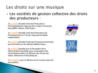    Les sociétés de gestion collective des droits
    des producteurs :
La SCPP (Société Civile des Producteurs
Phonographiques) regroupe les 4 majors (Universal,
Sony-BMG, Warner, EMI-Virgin) ;

 La SPPF (Société civile des Producteurs de
Phonogrammes en France) regroupe les labels
indépendants ;

 La SCPA (Société Civile des Producteurs Associés)
pour les droits sur les attentes téléphoniques ;

La SPRE (Société pour la Perception de la
Rémunération Equitable) pour la perception des
rémunérations liées à la diffusion des CD par les
radios, télévisions et discothèques ;

 La SACEM pour la diffusion de la musique dans les
lieux publics.



                                                      78
 