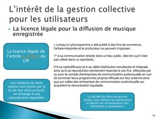    La licence légale pour la diffusion de musique
    enregistrée
                              « Lorsqu'un phonogramme a été publié à des fins de commerce,
                              l'artiste-interprète et le producteur ne peuvent s'opposer :
 La licence légale de
l’article L. 214-1 du         1º à sa communication directe dans un lieu public, dès lors qu'il n'est
          CPI                 pas utilisé dans un spectacle ;

                              2ºà sa radiodiffusion et à sa câblo-distribution simultanée et intégrale,
                              ainsi qu'à sa reproduction strictement réservée à ces fins, effectuée par
                              ou pour le compte d'entreprises de communication audiovisuelle en vue
                              de sonoriser leurs programmes propres diffusés sur leur antenne ainsi
  Les titulaires de droit     que sur celles des entreprises de communication audiovisuelle qui
voisins sont privés par la    acquittent la rémunération équitable.
loi de leur droit exclusif,
    en échange d’une
rémunération équitable.                                La SACEM fait office de guichet
                                                    unique, pour délivrer les autorisation
                                                      et répartir les rémunérations aux
                                                          interprètes et producteurs.


                                                                                                          83
 