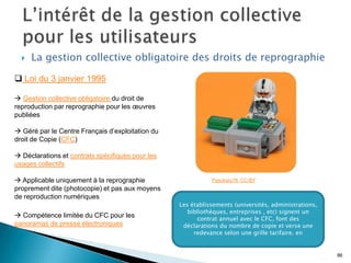    La gestion collective obligatoire des droits de reprographie

 Loi du 3 janvier 1995

 Gestion collective obligatoire du droit de
reproduction par reprographie pour les œuvres
publiées

 Géré par le Centre Français d’exploitation du
droit de Copie (CFC)

 Déclarations et contrats spécifiques pour les
usages collectifs

 Applicable uniquement à la reprographie                    Pasukaru76. CC-BY
proprement dite (photocopie) et pas aux moyens
de reproduction numériques
                                                  Les établissements (universités, administrations,
                                                     bibliothèques, entreprises , etc) signent un
 Compétence limitée du CFC pour les                    contrat annuel avec le CFC, font des
panoramas de presse électroniques                  déclarations du nombre de copie et verse une
                                                       redevance selon une grille tarifaire. en


                                                                                                      86
 