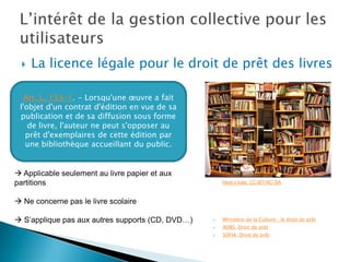    La licence légale pour le droit de prêt des livres

  Art. L. 133-1. - Lorsqu'une œuvre a fait
 l'objet d'un contrat d'édition en vue de sa
 publication et de sa diffusion sous forme
    de livre, l'auteur ne peut s'opposer au
   prêt d'exemplaires de cette édition par
   une bibliothèque accueillant du public.


 Applicable seulement au livre papier et aux
partitions                                            Here’s kate. CC-BY-NC-SA



 Ne concerne pas le livre scolaire

 S’applique pas aux autres supports (CD, DVD…)      Ministère de la Culture : le droit de prêt
                                                     ADBS. Droit de prêt
                                                     SOFIA. Droit de prêt
 