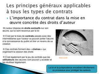    L’importance du contrat dans la mise en
        œuvre concrète des droits d’auteur
L’auteur dispose de droits exclusifs sur son
œuvre, qui lui sont reconnus par la loi

 C’est par le biais de contrats passés avec des
intermédiaires que l’auteur va pouvoir porter l’œuvre
à la connaissance du public et tirer un revenu de sa
création

 Ces contrats forment des « chaînes » qui
organisent la cession des droits

 C’est également par le jeu de contrats que les           Mel B. CC-BY
utilisateurs des œuvres vont pouvoir y accéder et
les réutiliser légalement

                                                La loi et la jurisprudence encadrent étroitement
                                                    ce processus pour protéger les auteurs.
                                                                                                   9
 