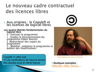    Aux origines : le Copyleft et
    les licences de logiciel libres
Les quatre libertés fondamentales du
  logiciel libre
- 0 : Exécuter le programme
- 1 : Etudier le fonctionnement du
  programme (Open Source)
- 2 :Redistribuer des copies du
  programme
- 3 : Modifier, améliorer le programme et
  publier des modifications


Copyleft => effet viral                     Richard Stallman. Par chris. CC-BY-NC-SA

 Les modifications de l’œuvre doivent
être placées sous la même licence        • Quelques exemples :
                                         GNU-GPL, BSD, CeCILL…
                                                                                       98
 