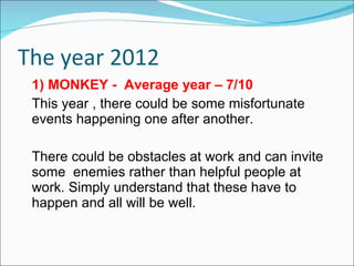 The year 2012 1) MONKEY -  Average year – 7/10 This year , there could be some misfortunate events happening one after another. There could be obstacles at work and can invite some  enemies rather than helpful people at work. Simply understand that these have to happen and all will be well.  