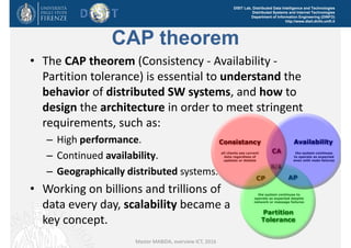 DISIT Lab, Distributed Data Intelligence and Technologies
Distributed Systems and Internet Technologies
Department of Information Engineering (DINFO)
http://www.disit.dinfo.unifi.it
• The CAP theorem (Consistency ‐ Availability ‐
Partition tolerance) is essential to understand the 
behavior of distributed SW systems, and how to 
design the architecture in order to meet stringent 
requirements, such as:
– High performance.
– Continued availability.
– Geographically distributed systems.
• Working on billions and trillions of                                
data every day, scalability became a                         
key concept.
Master MABIDA, overview ICT, 2016
CAP theorem
 