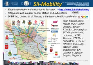 DISIT Lab, Distributed Data Intelligence and Technologies
Distributed Systems and Internet Technologies
Department of Information Engineering (DINFO)
http://www.disit.dinfo.unifi.it
• Experimentations and validation in Tuscany
• Integration with present central station and subsystems
• DISIT lab, Università di Firenze, is the tech-scientific coordinator
Sii‐Mobility
Master MABIDA, overview ICT, 2016
http://www.Sii-Mobility.org
ECM; Swarco Mizar;
Inventi In20; Geoin;
QuestIT; Softec;
T.I.M.E.; LiberoLogico;
MIDRA (autostrade,
motorola); ATAF;
Tiemme; CTT Nord;
BUSITALIA; A.T.A.M.;
Effective Knowledge;
eWings; Argos
Engineering; Elfi;
Calamai & Agresti;
Project; Negentis
 