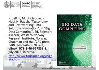DISIT Lab, Distributed Data Intelligence and Technologies
Distributed Systems and Internet Technologies
Department of Information Engineering (DINFO)
http://www.disit.dinfo.unifi.it
http://www.disit.org
P. Bellini, M. Di Claudio, P. 
Nesi, N. Rauch, "Tassonomy
and Review of Big Data 
Solutions Navigation", in "Big 
Data Computing", Ed. Rajendra
Akerkar, Western Norway
Research Institute, Norway, 
Chapman and Hall/CRC press, 
ISBN 978‐1‐46‐657837‐1, 
eBook: 978‐1‐46‐657838‐8, 
july 2013, in press. 
http://www.tmrfindia.org/bigd
ata.html
Master MABIDA, overview ICT, 2016
 