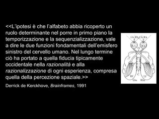 <<L’ipotesi è che l’alfabeto abbia ricoperto un
ruolo determinante nel porre in primo piano la
temporizzazione e la sequenzializzazione, vale
a dire le due funzioni fondamentali dell’emisfero
sinistro del cervello umano. Nel lungo termine
ciò ha portato a quella fiducia tipicamente
occidentale nella razionalità e alla
razionalizzazione di ogni esperienza, compresa
quella della percezione spaziale.>>
Derrick de Kerckhove, Brainframes, 1991
 