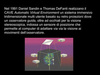 Nel 1991 Daniel Sandin e Thomas DeFanti realizzano il
CAVE Automatic Virtual Environment un sistema immersivo
tridimensionale multi utente basato su retro proiezioni dove
un osservatore guida, oltre ad occhiali per la visione
stereoscopica, indossa un sensore di posizione che
permette al computer di adattare via via la visione ai
movimenti dell’osservatore.
 