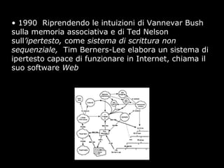 • 1990 Riprendendo le intuizioni di Vannevar Bush
sulla memoria associativa e di Ted Nelson
sull’ipertesto, come sistema di scrittura non
sequenziale, Tim Berners-Lee elabora un sistema di
ipertesto capace di funzionare in Internet, chiama il
suo software Web
 