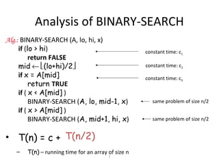 7
Analysis of BINARY-SEARCH
Alg.: BINARY-SEARCH (A, lo, hi, x)
if (lo > hi)
return FALSE
mid ← (lo+hi)/2
if x = A[mid]
return TRUE
if ( x < A[mid] )
BINARY-SEARCH (A, lo, mid-1, x)
if ( x > A[mid] )
BINARY-SEARCH (A, mid+1, hi, x)
• T(n) = c +
– T(n) – running time for an array of size n
constant time: c2
same problem of size n/2
same problem of size n/2
constant time: c1
constant time: c3
T(n/2)
 