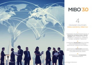 4GRANDESRAZONES
PARA HACER EL MIBO 3.0
1
CONTAMOS CON PROFESIONALES DE LA
OPERATIVA INTERNACIONAL IMPORT-
EXPORT PARA SUPERAR TODAS LAS
BARRERAS Y RIESGOS AL COMERCIO
GLOBAL DE BIENES Y SERVICIOS
2
ENSEÑAMOS TECNOLOGÍA FACILITADORA
PARA MOVERNOS EN ENTORNOS
DIGITALES DE COMERCIO ELECTRÓNICO
3
APORTAMOS EL KNOW-HOW NECESARIO
PARA QUE HAGAS NEGOCIOS DIGITALES EN
CUALQUIER PARTE DEL MUNDO
4
ACOMPAÑAMOS Y TUTORIZAMOS
PERMANENTEMENTE
ESCUELA DE NEGOCIOS
®
IACI® - ESCUELA DE NEGOCIOS INTERNACIONALES
-3-
 
