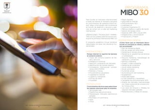 Para triunfar en mercados internacionales
a través de Internet es necesario apoyarse
en conocimientos de operativa import-ex-
port, elegir la tecnología más conveniente
en función de objetivos y recursos y ade-
más de contar con un plan de marketing
internacional.
OPERACIONES + TECNOLOGÍA + MARKE-
TING, son los 3 pilares sobre los que se cons-
truye el eCommerce internacional MIBO 3.0
El programa académico incluye temáticas
relacionadas con estas tres disciplinas fun-
damentales:
OPERACIONES
Porque Internet no suprime las barreras
al comercio exterior.
•	Claves del comercio exterior de bie-
nes y servicios
•	Inteligencia comercial
•	Selección y evaluación de mercados
•	Identificación de clientes objetivo
•	Contratación internacional, compra-
venta e INCOTERMS
•	Patentes y marcas
•	Procedimientos aduaneros
•	Legalidad en internet
•	Logística y transporte
•	Formas de cobro
•	Fiscalidad
TECNOLOGÍA
Conocimientos técnicos para seleccionar
las mejores soluciones para mi empresa.
•	Tecnologías web
•	Plataformas para eCommerce
•	Marketplaces, mercados electrónicos
globales
•	Movilidad y m-commerce
•	Apps
•	Cloud
•	Pagos digitales
•	Seguridad en Internet
•	Posicionamiento SEO
•	Usabilidad UX
•	Customer Experience CX
•	Métricas, analítica y cuadros de mando
•	Gestión de tiendas online
•	Sistemas: ERP, CRM y social CRM
•	Integraciones y sincronización
•	Financiación y Fintech
MARKETING DIGITAL
¿Cómo hacer que un internauta desco-
nocido se convierta en cliente y además
nos recomiende?
•	Plan de marketing digital
•	Mix de canales de venta online
•	Marketing en tiendas propias
•	Marketing en plataformas de terceros
y marketplaces
•	Inbound marketing, metodología de
captación y conversión
•	Naming y branding
•	Imagen y video marketing
•	Marketing de contenidos
•	Social media marketing
•	Social commerce
•	Funnel de ventas
•	Automatización del marketing
•	Engagement
•	Publicidad digital
•	E-mail marketing y newsletters
•	Campañas de posicionamiento SEM
•	Análisis de mercados internacionales
con mayor potencial de comprar onli-
ne. Fichas e-País
•	Los casos de Amazon y Alibaba, los
mayores mercados globales
•	Presentaciones y trabajo en equipo
ESCUELA DE
NEGOCIOS
INTERNACIONALES
®
IACI® - ESCUELA DE NEGOCIOS INTERNACIONALES
-6-
IACI® - ESCUELA DE NEGOCIOS INTERNACIONALES
-7-
 