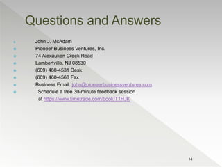  John J. McAdam
 Pioneer Business Ventures, Inc.
 74 Alexauken Creek Road
 Lambertville, NJ 08530
 (609) 460-4531 Des...
