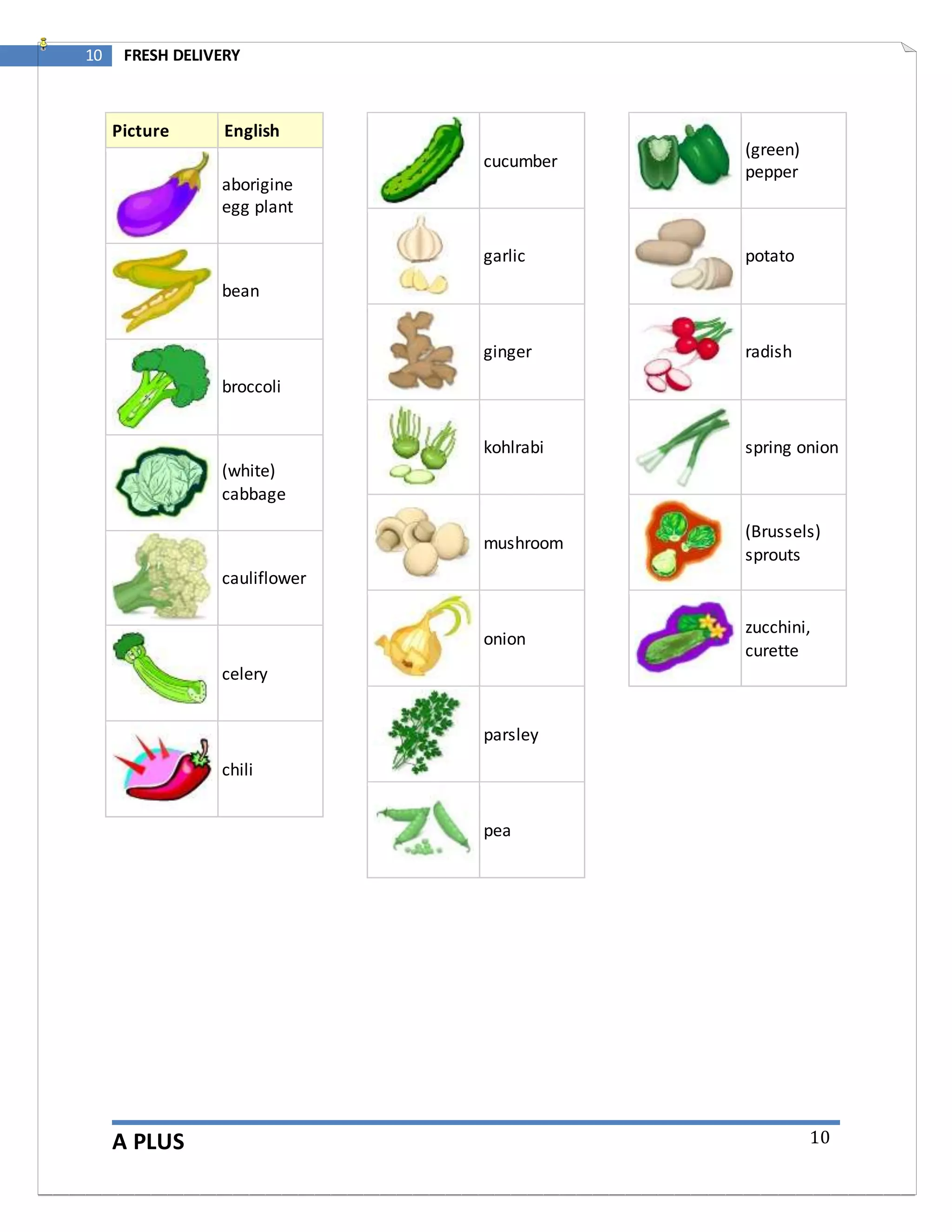A PLUS
10 FRESH DELIVERY
10
Picture English
aborigine
egg plant
bean
broccoli
(white)
cabbage
cauliflower
celery
chili
cucumber
garlic
ginger
kohlrabi
mushroom
onion
parsley
pea
(green)
pepper
potato
radish
spring onion
(Brussels)
sprouts
zucchini,
curette
 