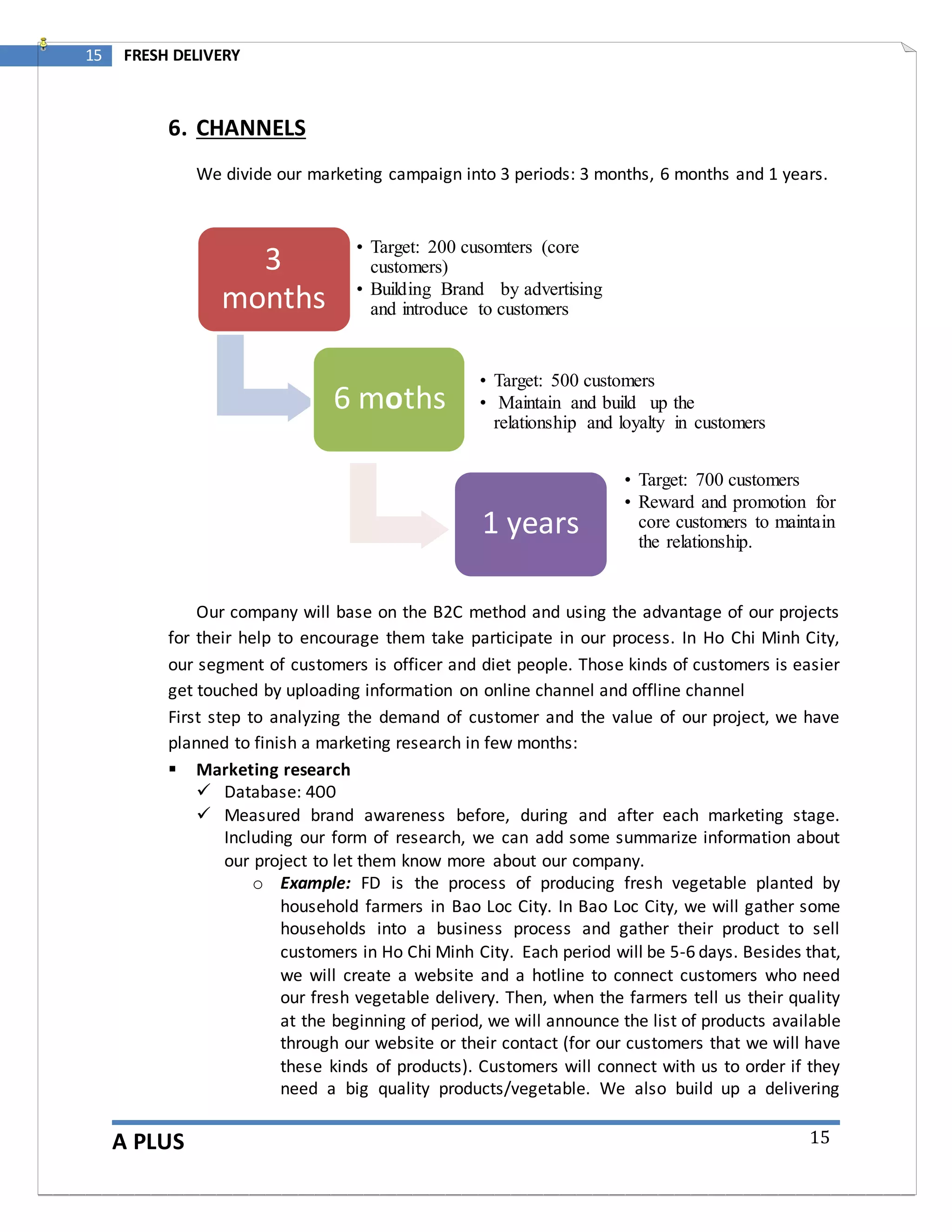 A PLUS
15 FRESH DELIVERY
15
6. CHANNELS
We divide our marketing campaign into 3 periods: 3 months, 6 months and 1 years.
Our company will base on the B2C method and using the advantage of our projects
for their help to encourage them take participate in our process. In Ho Chi Minh City,
our segment of customers is officer and diet people. Those kinds of customers is easier
get touched by uploading information on online channel and offline channel
First step to analyzing the demand of customer and the value of our project, we have
planned to finish a marketing research in few months:
 Marketing research
 Database: 400
 Measured brand awareness before, during and after each marketing stage.
Including our form of research, we can add some summarize information about
our project to let them know more about our company.
o Example: FD is the process of producing fresh vegetable planted by
household farmers in Bao Loc City. In Bao Loc City, we will gather some
households into a business process and gather their product to sell
customers in Ho Chi Minh City. Each period will be 5-6 days. Besides that,
we will create a website and a hotline to connect customers who need
our fresh vegetable delivery. Then, when the farmers tell us their quality
at the beginning of period, we will announce the list of products available
through our website or their contact (for our customers that we will have
these kinds of products). Customers will connect with us to order if they
need a big quality products/vegetable. We also build up a delivering
3
months
• Target: 200 cusomters (core
customers)
• Building Brand by advertising
and introduce to customers
6 moths
• Target: 500 customers
• Maintain and build up the
relationship and loyalty in customers
1 years
• Target: 700 customers
• Reward and promotion for
core customers to maintain
the relationship.
 