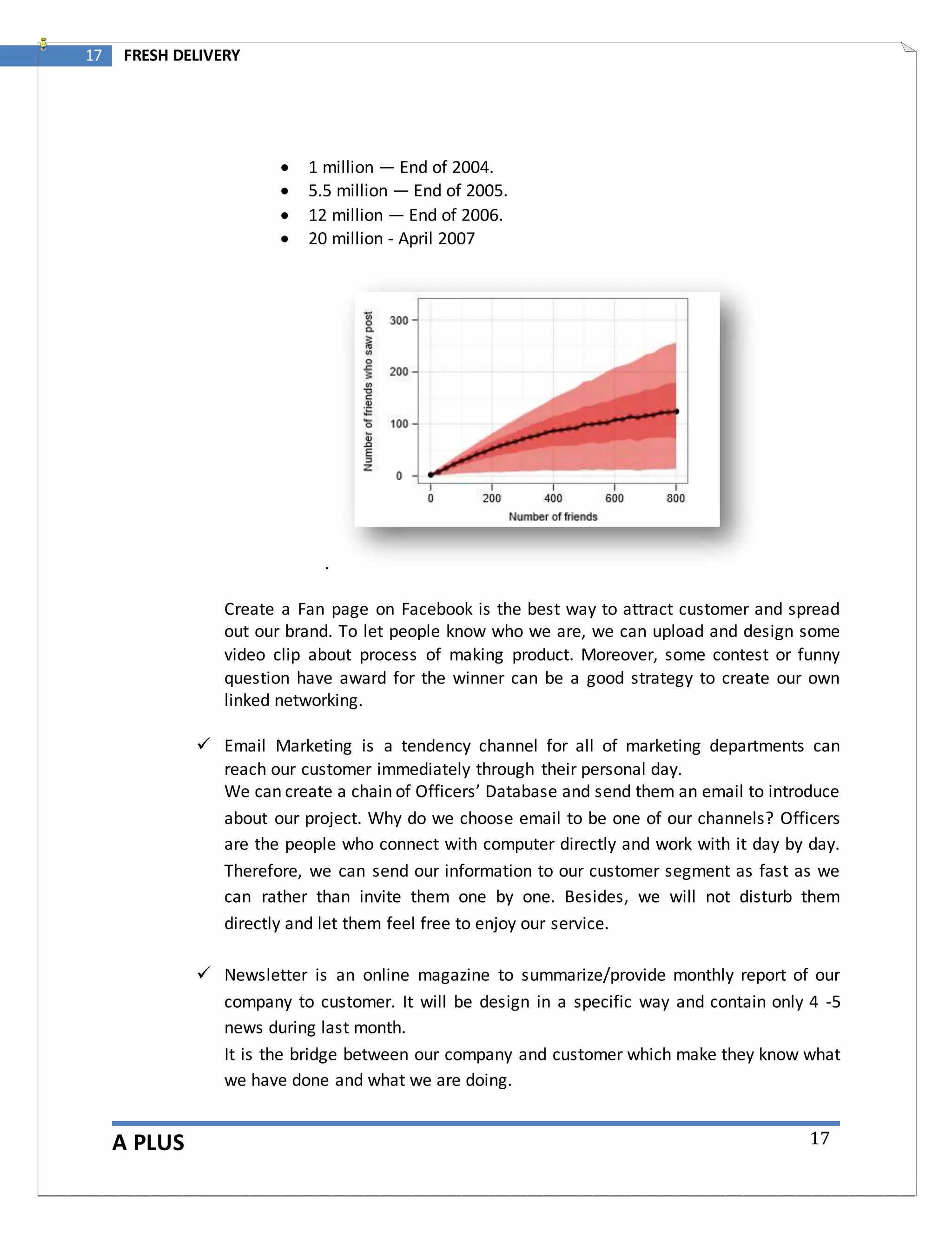 A PLUS
17 FRESH DELIVERY
17
 1 million — End of 2004.
 5.5 million — End of 2005.
 12 million — End of 2006.
 20 million - April 2007
.
Create a Fan page on Facebook is the best way to attract customer and spread
out our brand. To let people know who we are, we can upload and design some
video clip about process of making product. Moreover, some contest or funny
question have award for the winner can be a good strategy to create our own
linked networking.
 Email Marketing is a tendency channel for all of marketing departments can
reach our customer immediately through their personal day.
We can create a chain of Officers’ Database and send them an email to introduce
about our project. Why do we choose email to be one of our channels? Officers
are the people who connect with computer directly and work with it day by day.
Therefore, we can send our information to our customer segment as fast as we
can rather than invite them one by one. Besides, we will not disturb them
directly and let them feel free to enjoy our service.
 Newsletter is an online magazine to summarize/provide monthly report of our
company to customer. It will be design in a specific way and contain only 4 -5
news during last month.
It is the bridge between our company and customer which make they know what
we have done and what we are doing.
 