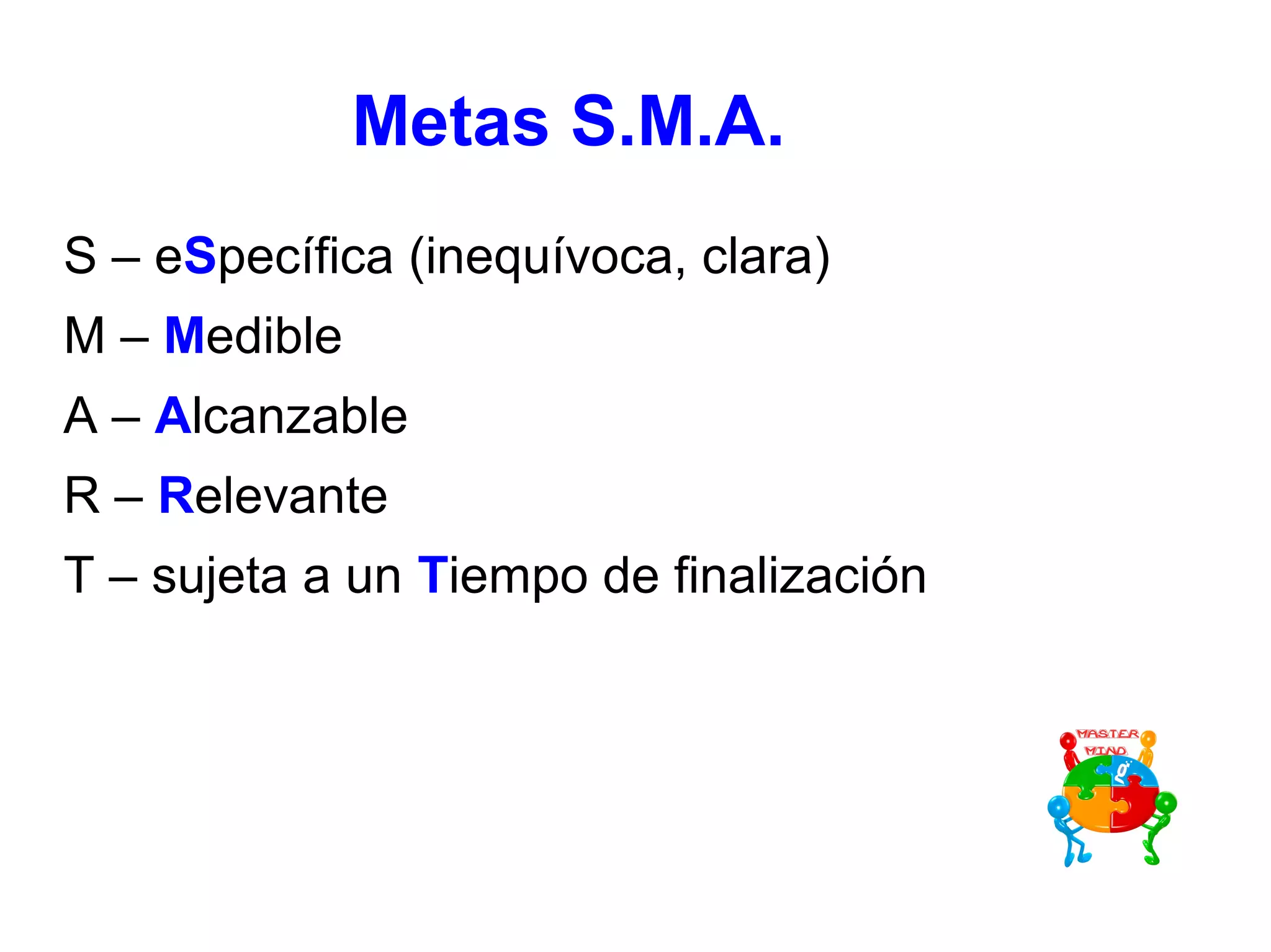 Metas S.M.A.R.T.
S – eSpecífica (inequívoca, clara)
M – Medible
A – Alcanzable
R – Relevante
T – sujeta a un Tiempo de finalización
 