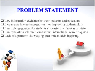 PROBLEM STATEMENT
Low information exchange between students and educators
Less means in creating opportunities improving students skills.
Limited engagement for students discussions without supervision.
Limited skill to interpret results from international search engines.
Lack of a platform showcasing local role models inspiring.