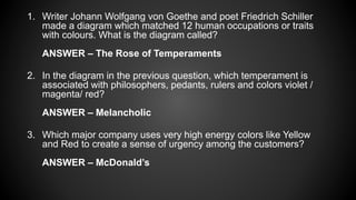 1. Writer Johann Wolfgang von Goethe and poet Friedrich Schiller
made a diagram which matched 12 human occupations or traits
with colours. What is the diagram called?
ANSWER – The Rose of Temperaments
2. In the diagram in the previous question, which temperament is
associated with philosophers, pedants, rulers and colors violet /
magenta/ red?
ANSWER – Melancholic
3. Which major company uses very high energy colors like Yellow
and Red to create a sense of urgency among the customers?
ANSWER – McDonald’s
 